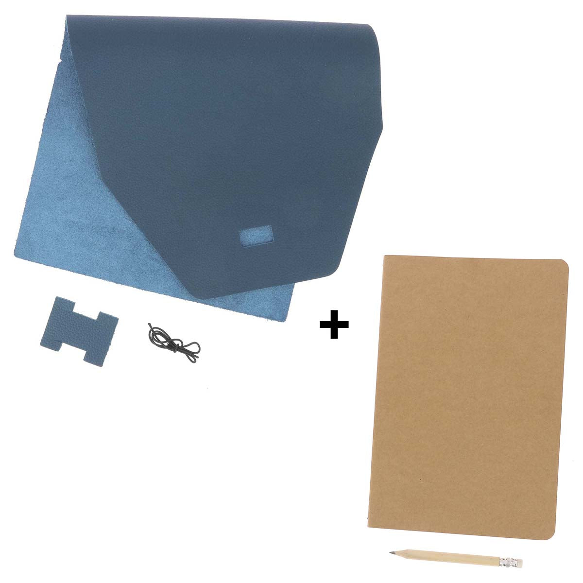 Kit DIY pour protéger carnet en cuir A5 de Deco Cuir, couleur bleu minéral, comprenant matériaux pour création personnalisée.
