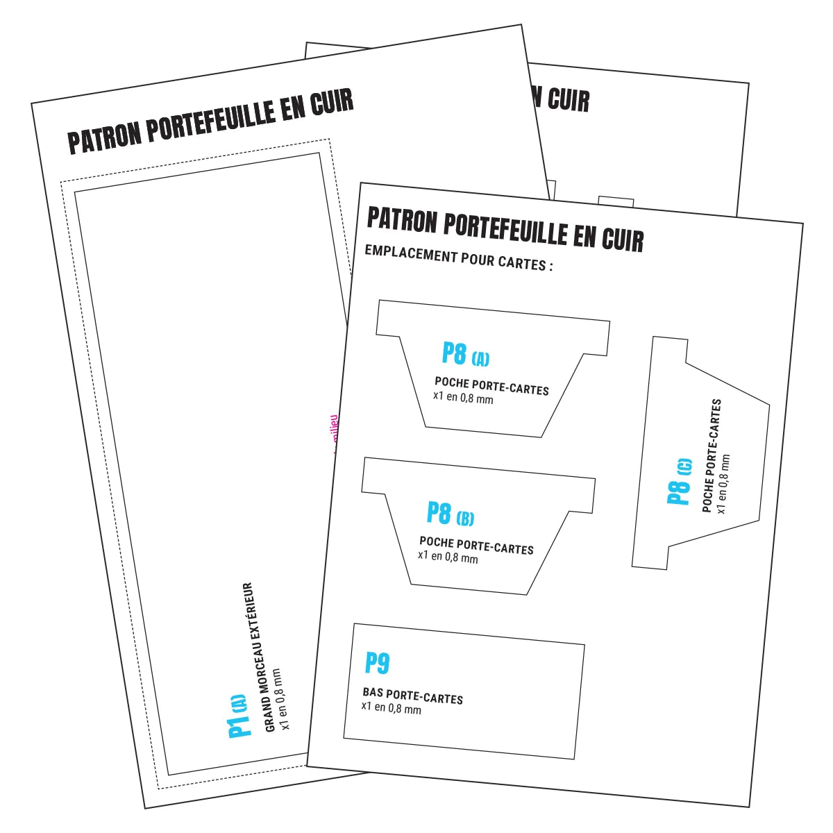 Modèle de patron en cuir pour portefeuille Deco Cuir, illustré avec détails et instructions de couture.