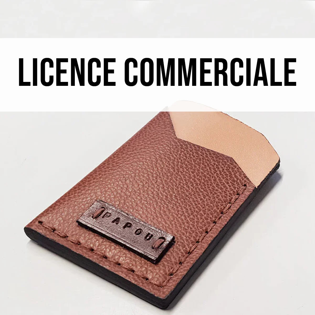 Modèle de patron minimaliste en cuir pour porte-cartes, Deco Cuir, illustré avec détails en cuir et couture.