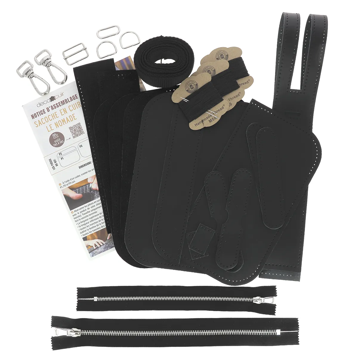 Sacoche Le Nomade en cuir noir : Kit DIY complet pour débutant avec pièces découpées et percées, prêtes à coudre à la main