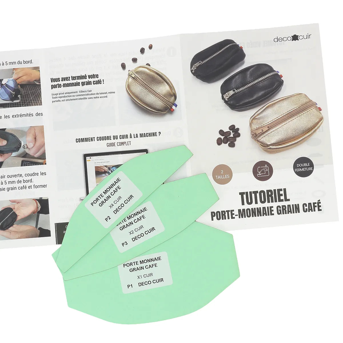 Patron porte monnaie grain de café Deco Cuir avec explications papier + gabarit en carton