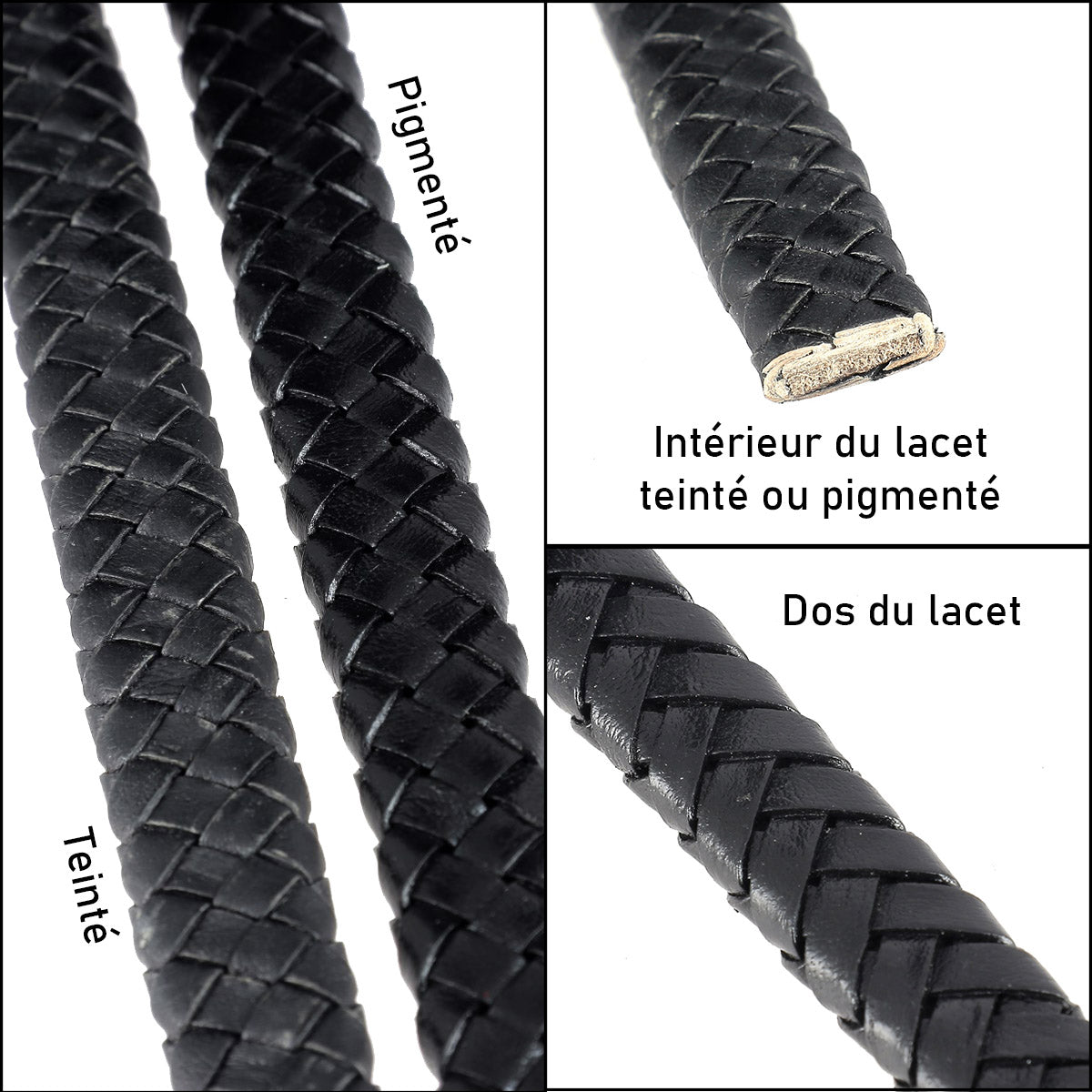 Lacet en cuir Régaliz pigmenté tressé, 12x6mm, pour chaussures, en cuir naturel, avec finition tressée.