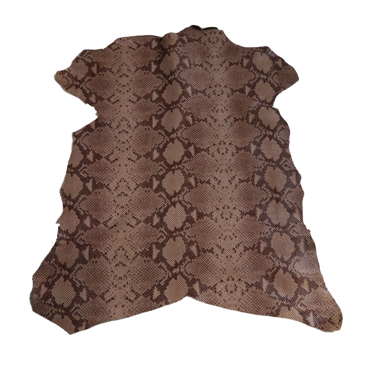 Peau de cuir de chèvre velours imitation reptile marron, texture douce et brillante, pour projets de maroquinerie ou décoration.