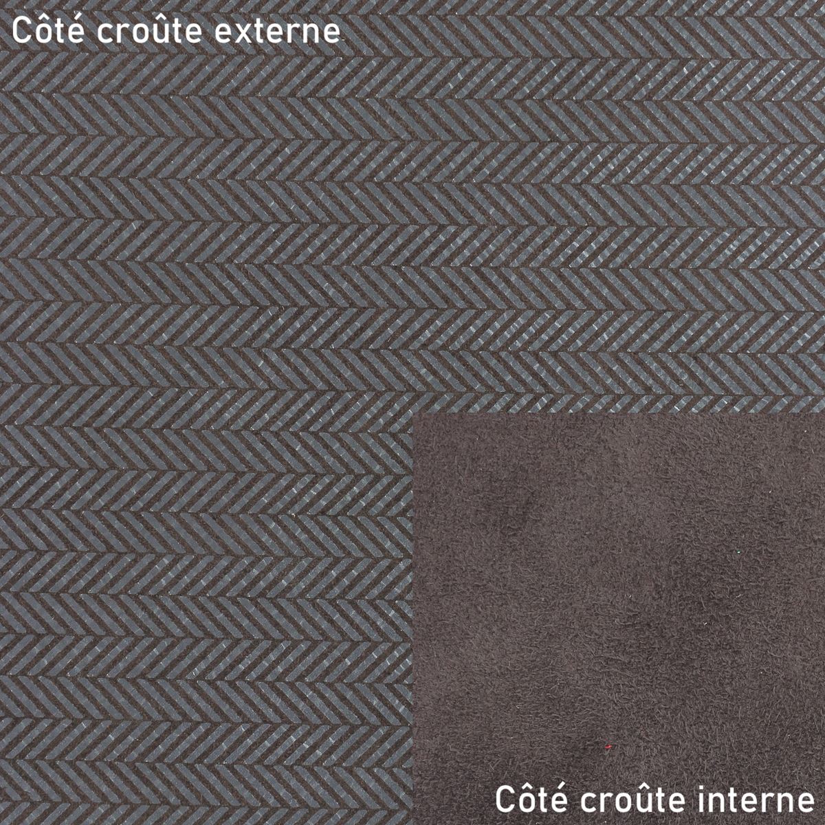Peau de cuir de veau marron foncé avec effet velours chevrons métallisé, texture élégante et brillante.