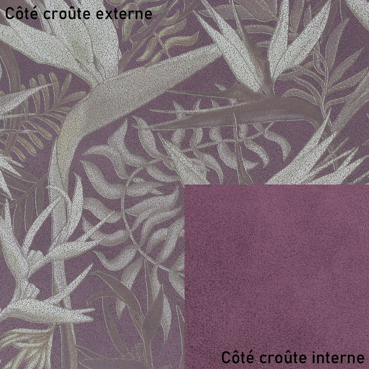 Croûte de cuir de veau en velours oiseaux du paradis violet, texture douce et élégante, pour projets de maroquinerie ou décoration.