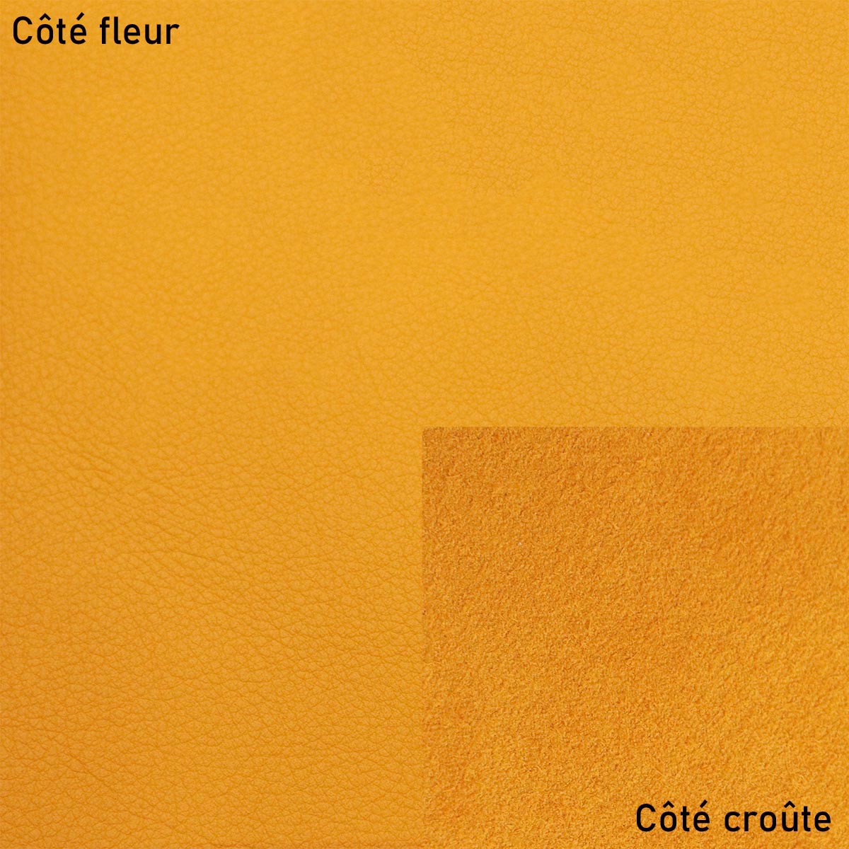 Peau de cuir de veau lisse jaune tournesol, textile souple et élégante pour créations en cuir, vue en gros plan.