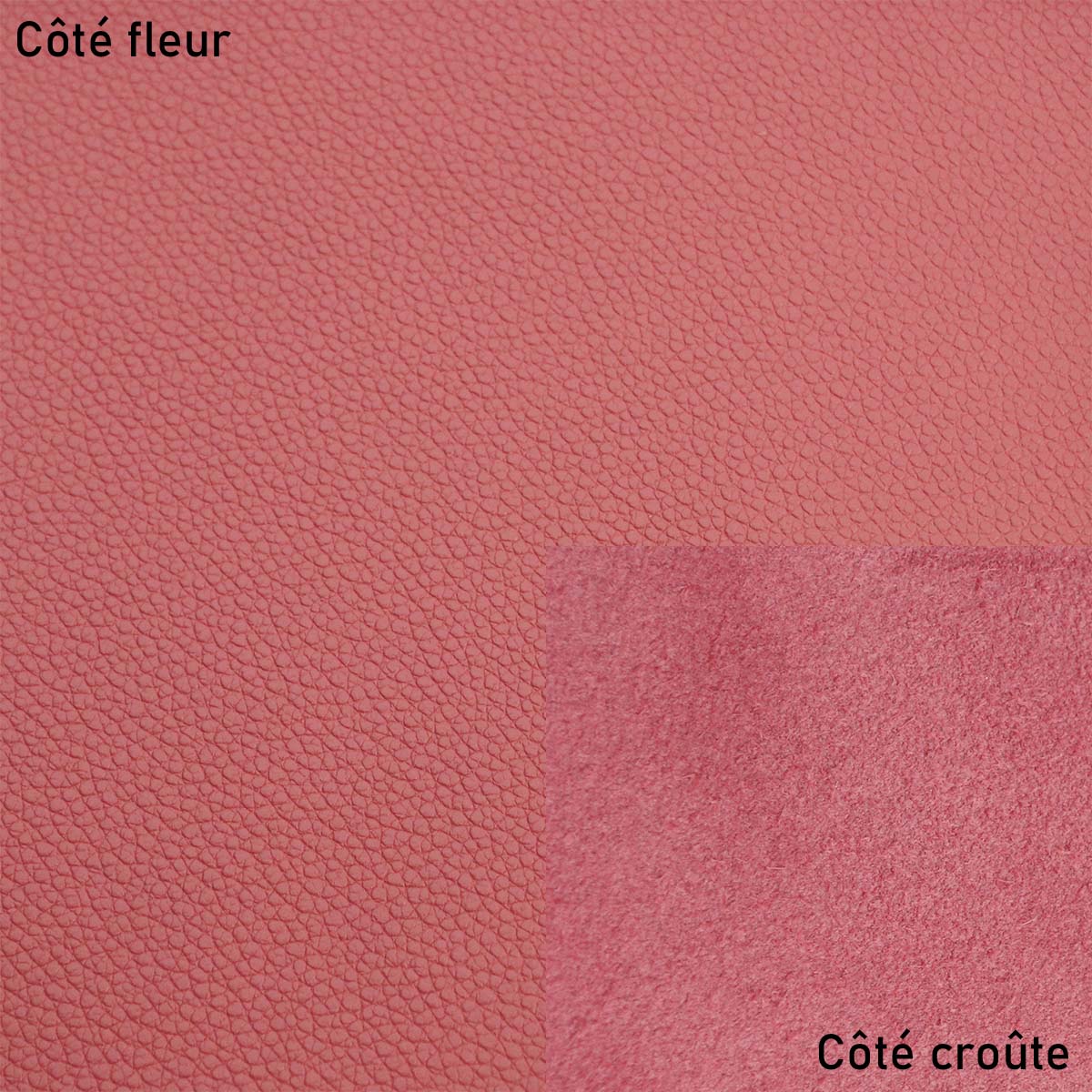Peau de cuir de vachette grainé Rose Laurier, peau naturelle pour cuir ou maroquinerie, vue en gros plan.