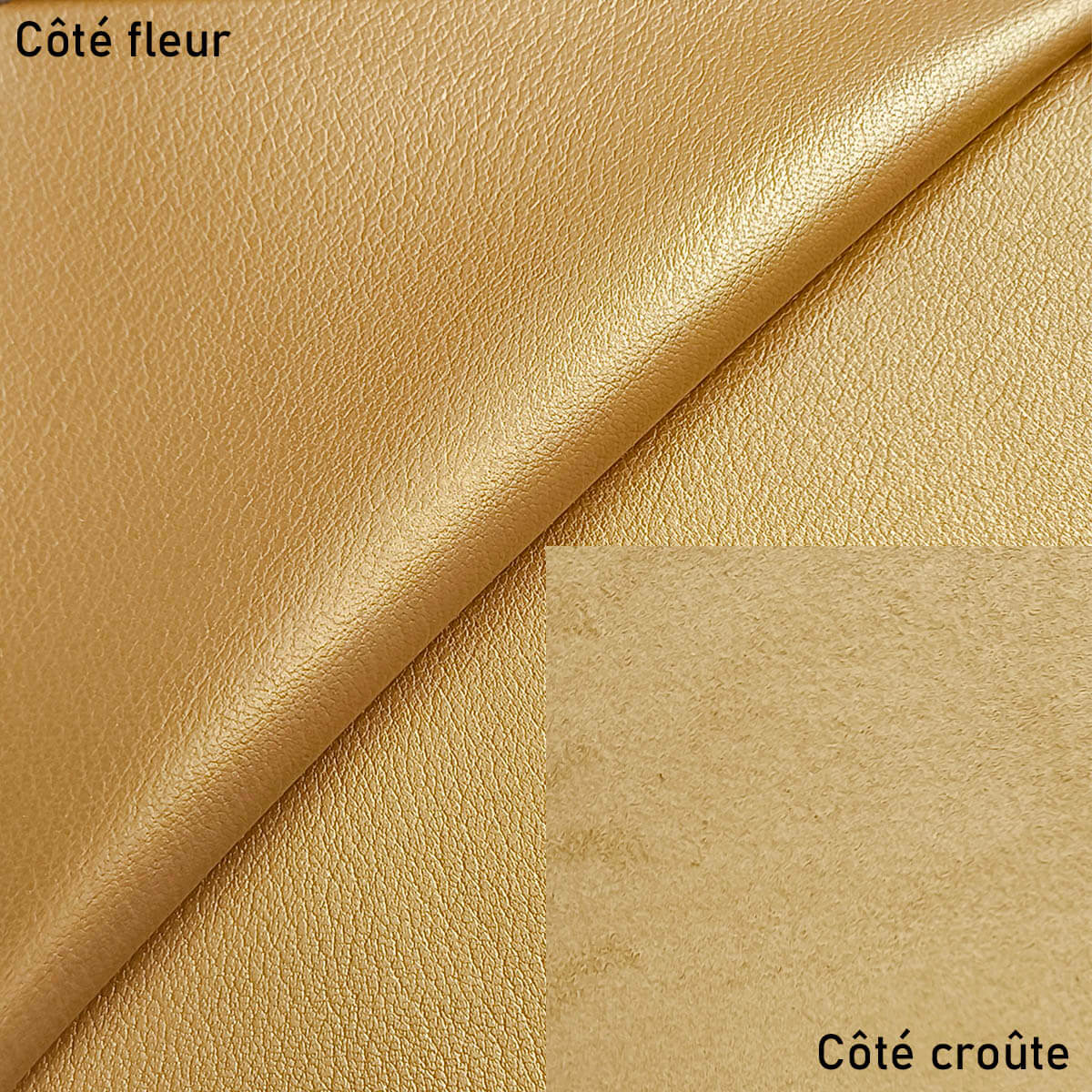 Peau de cuir de chèvre grainé de couleur or, aspect texturé, vue rapprochée, pour projet de maroquinerie ou couture.