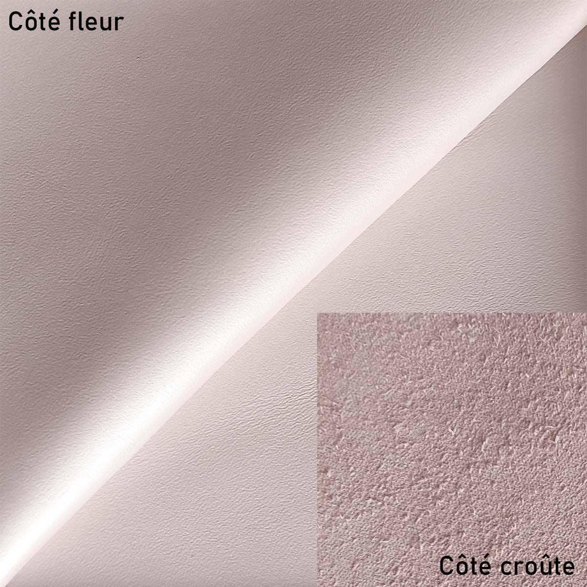 Peau de cuir de vachette SUAVE rose clair nacré, texture douce et brillante, pour projet de maroquinerie ou décoration.