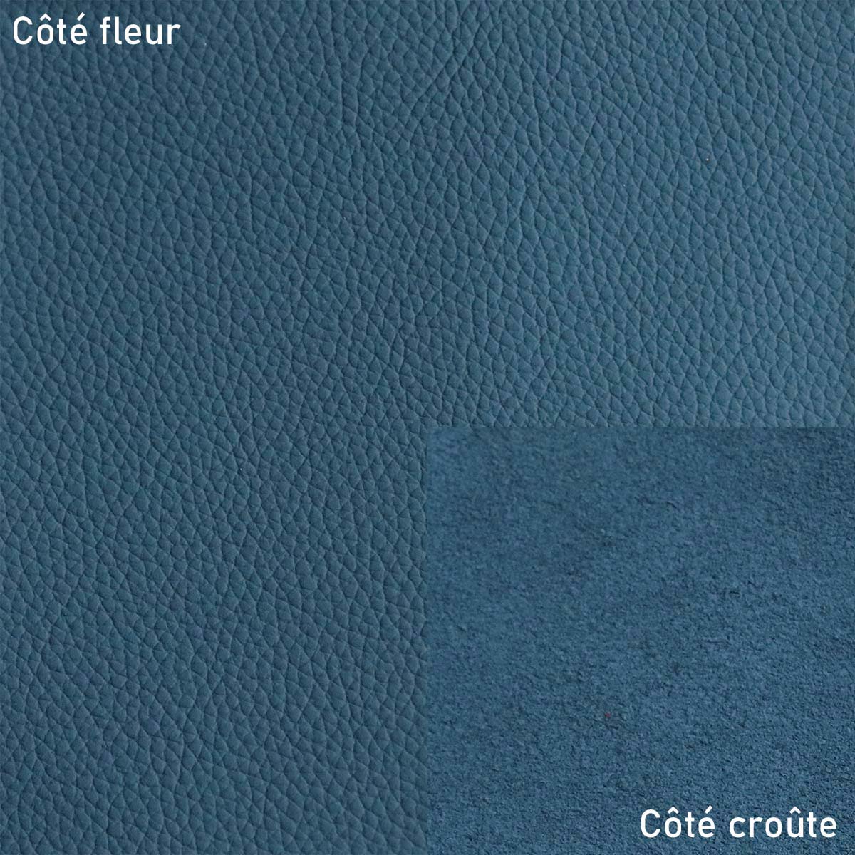Peau de cuir de vachette PLAYA bleu minéral, texture lisse et naturelle, pour cuir ou artisanat, image en gros plan.