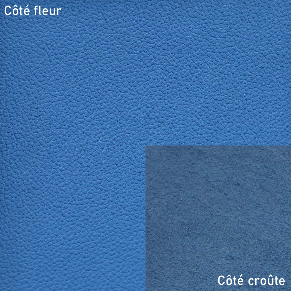 Peau de cuir de veau grainé bleu azur, texture élégante, pour confection ou décoration, par Autres.