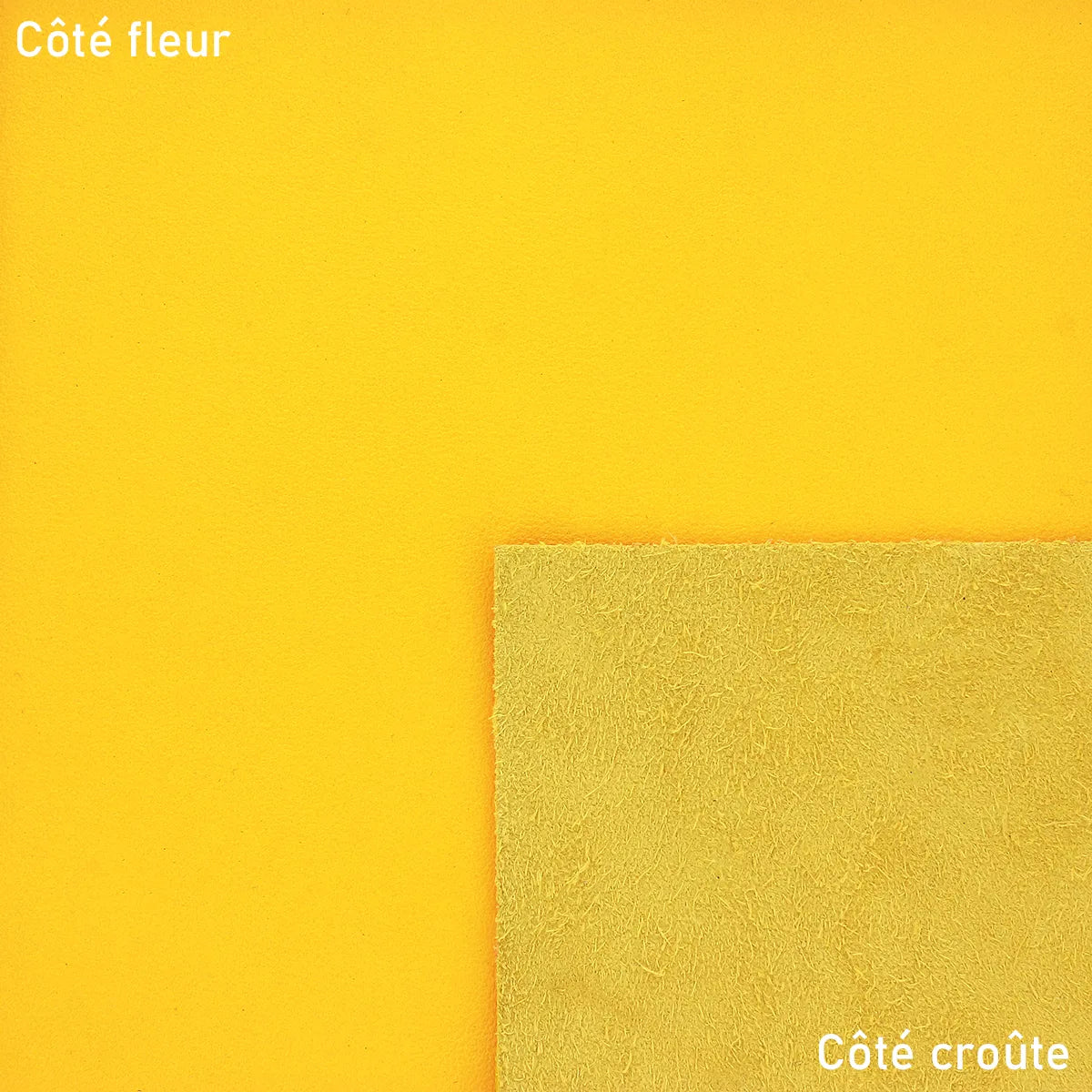 Peau de cuir de vachette jaune primaire, cuir lisse de haute qualité, pour projets de maroquinerie ou couture.