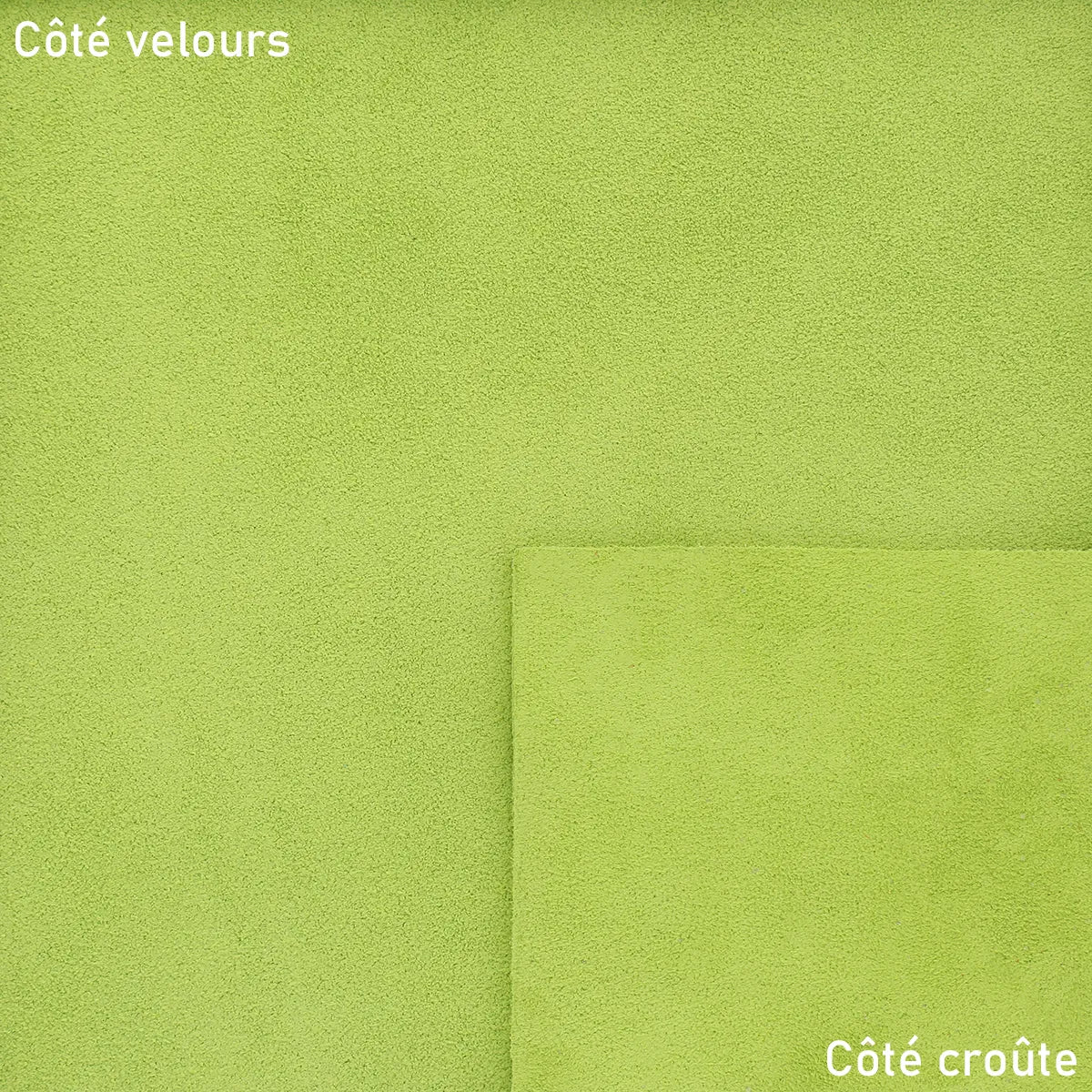 Peau de cuir de veau velours vert pomme, texture douce et souple, pour projets de maroquinerie ou décoration.