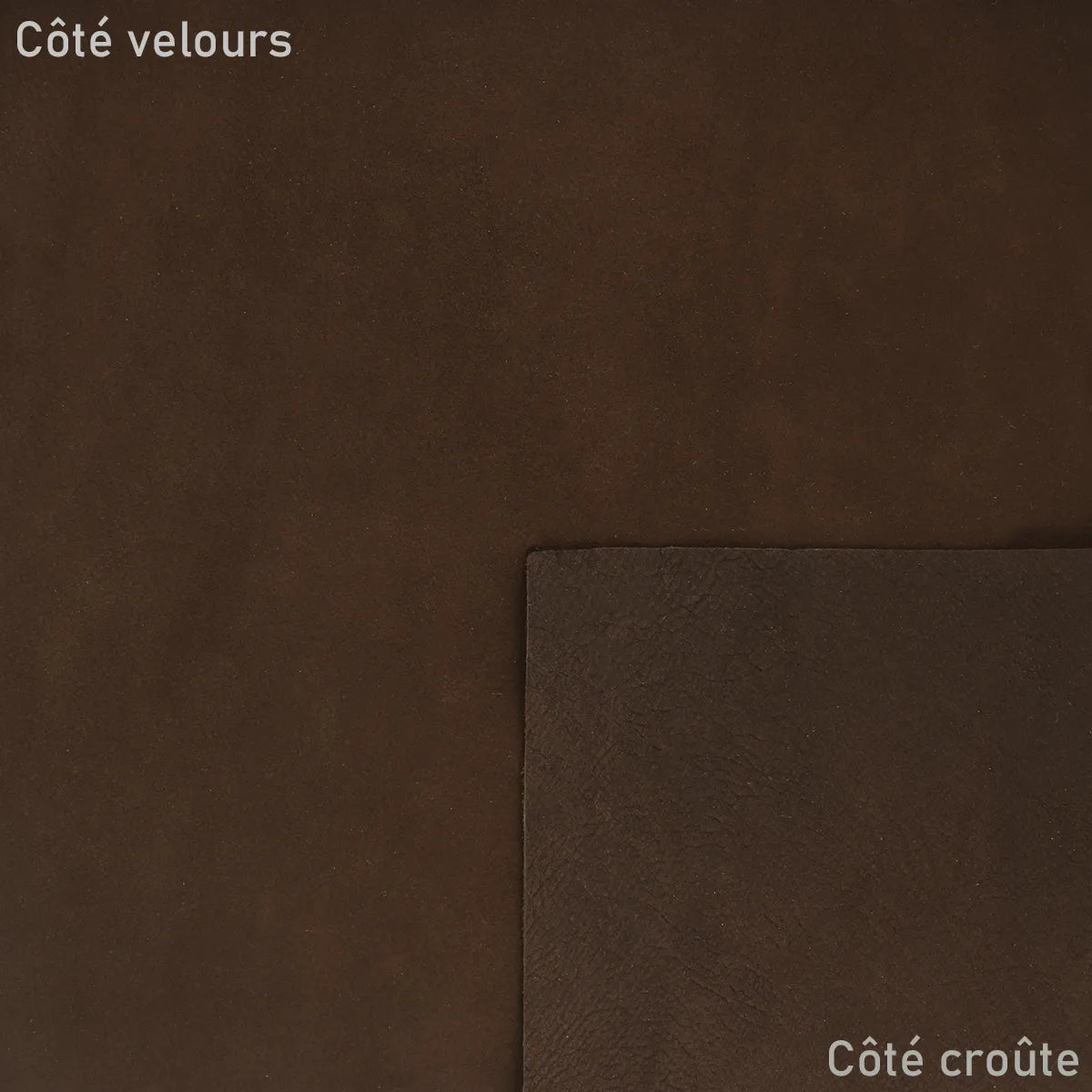Peau de cuir de chèvre velours marron Autres, texture douce et souple pour projets de maroquinerie ou décoration intérieure.