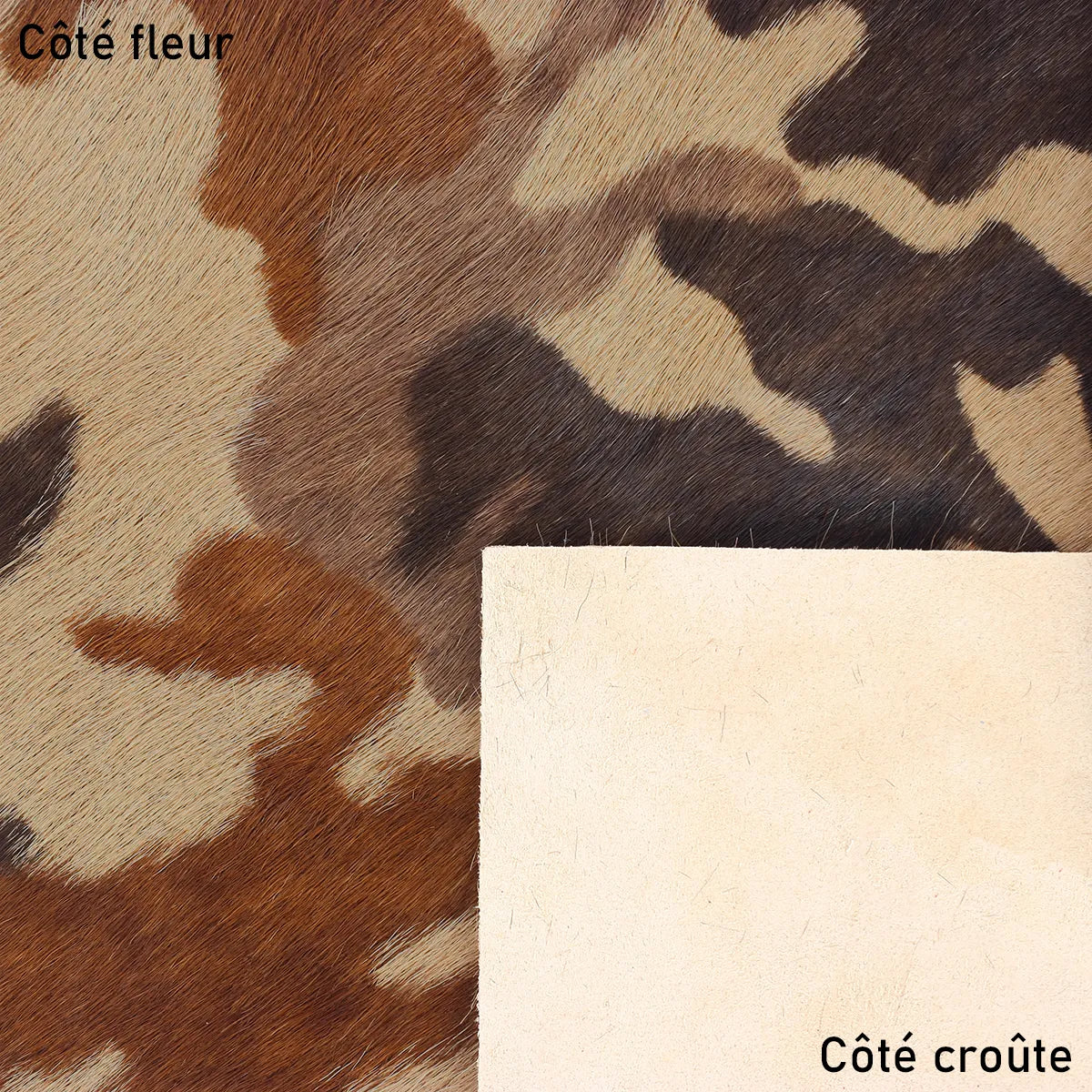 Cuir à poils motif camouflage beige, marron, camel. Cuir cavallino idéal pour la fabrication de chaussure, accessoire, rabat de sac...