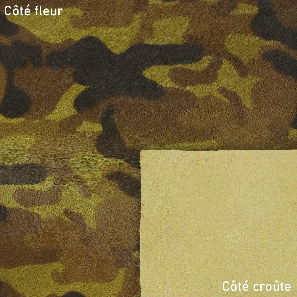 Cuir à poils courts vert camouflage idéal pour la confection de chaussure, accessoire, pochette...