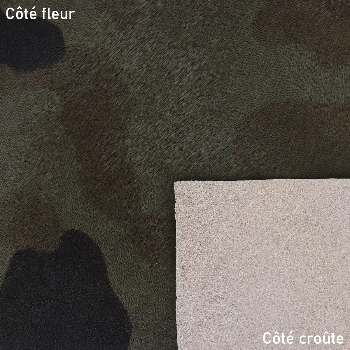 Cuir à poils motif camouflage vert gris. Cuir de veau idéal pour la fabrication de chaussure, coussins, rabat de poche, pochette...