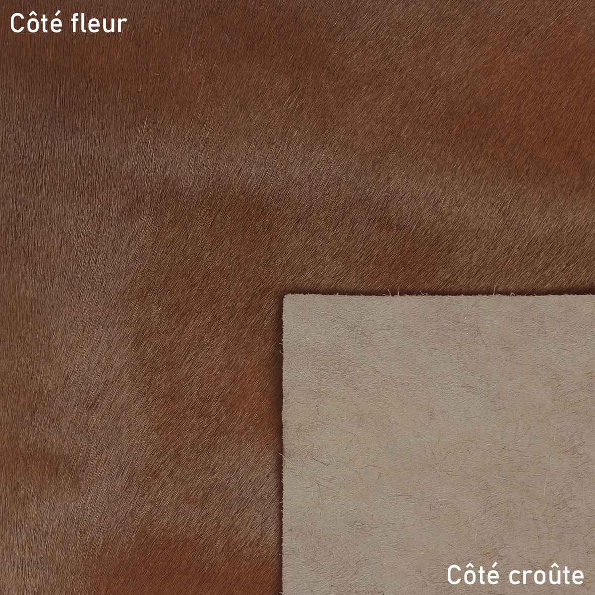 Cuir de veau à poils marron alezan. Cuir haircalf idéal pour la fabrication de chaussure, rabat de sac, pochette, décoration...