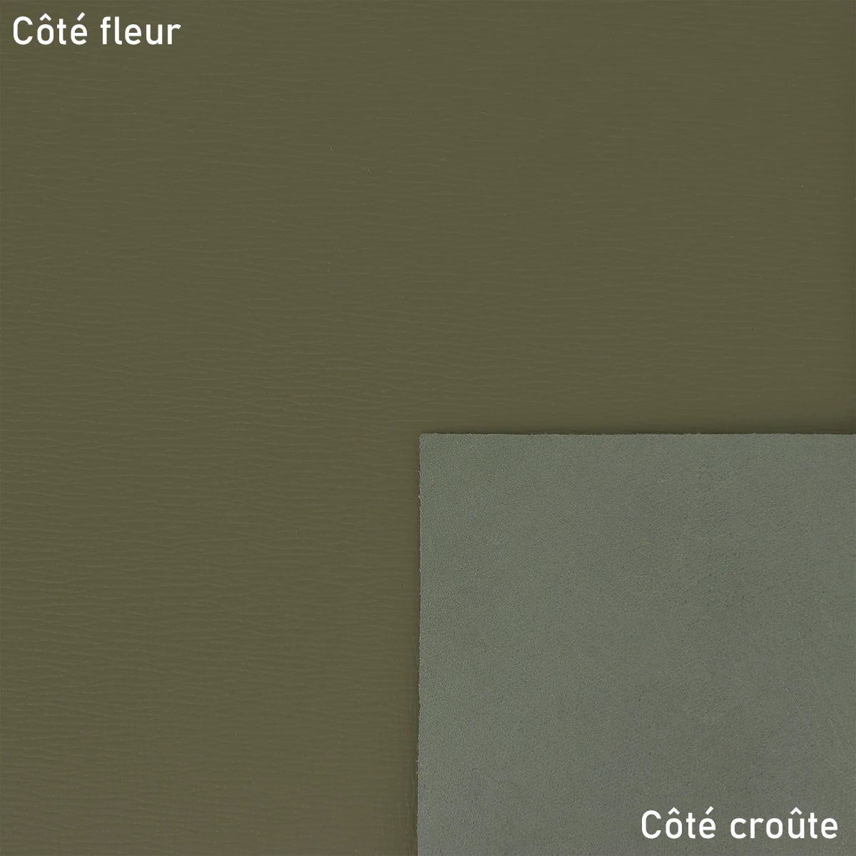 Peau de cuir de veau grain saffiano kaki, texture résistante, pour accessoires ou maroquinerie haut de gamme.