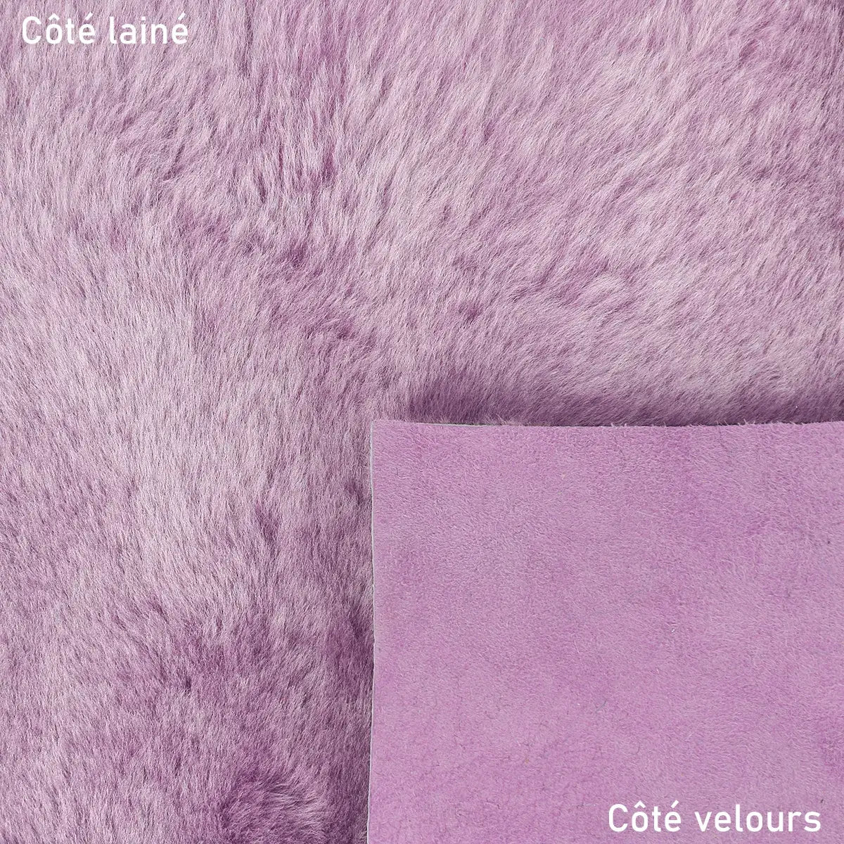 Mouton lainé à poils lisses couleur violet clair idéal pour réaliser des vêtements, chaussons, bottes, bourses...