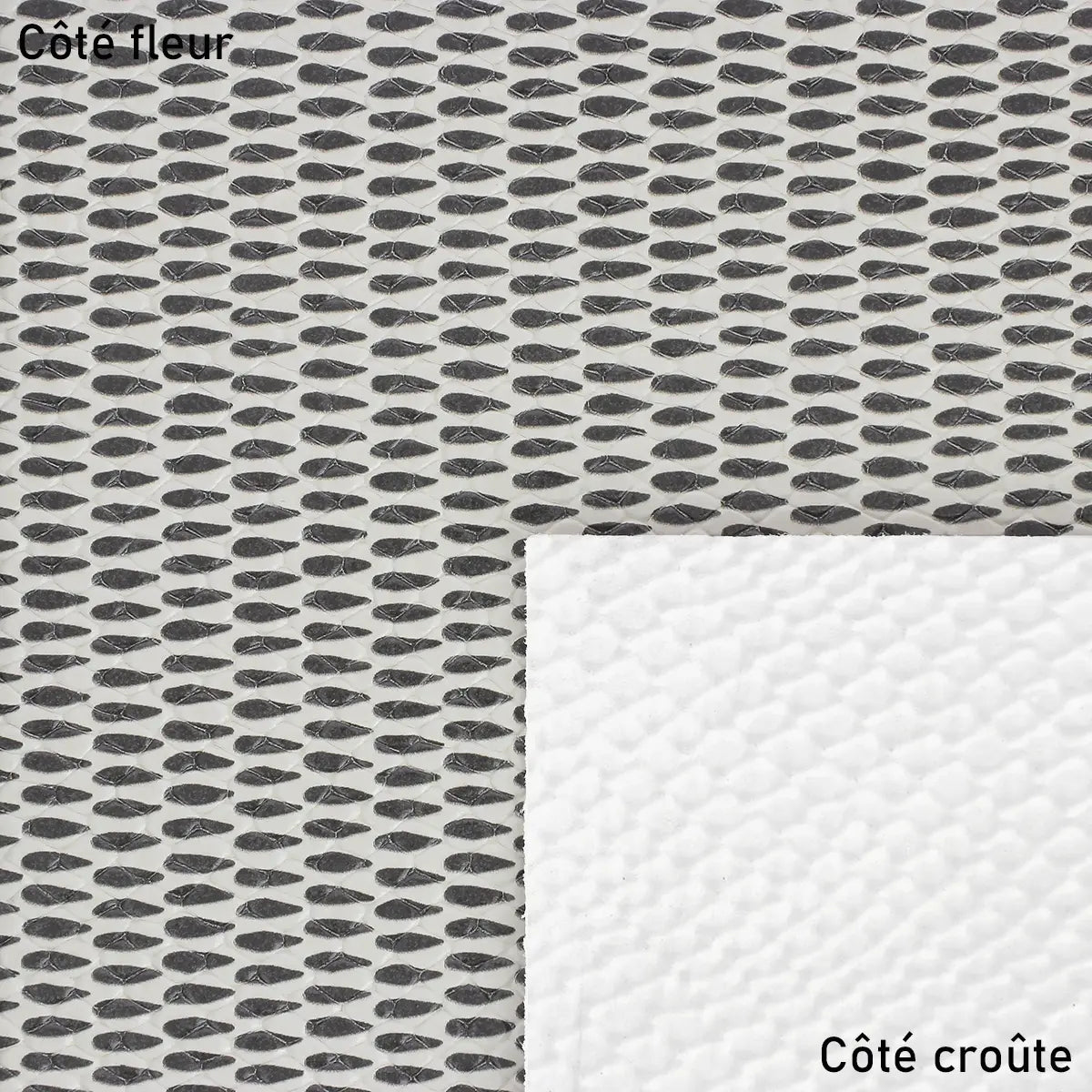 Cuir de chèvre fantaisie avec motif écaille noir et blanc et côté blanc gaufré idéal pour la réalisation d'articles nécessitant de la fermeté