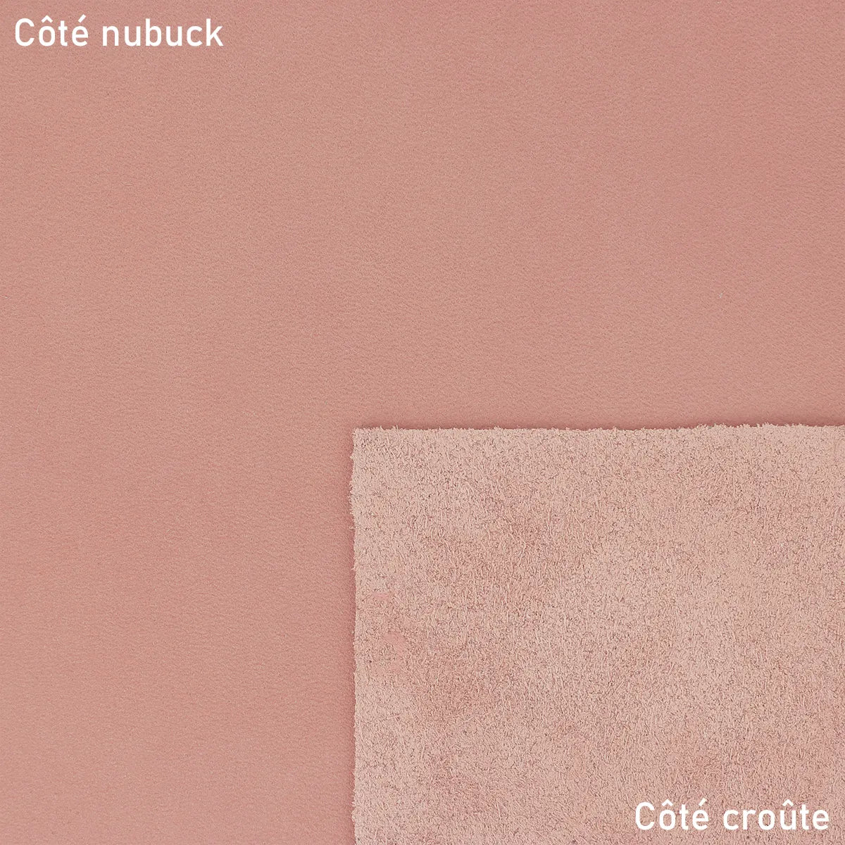 Cuir nubuck couleur rose clair pour réaliser de la maroquinerie (sac, pochette…), accessoire et objet de décoration.