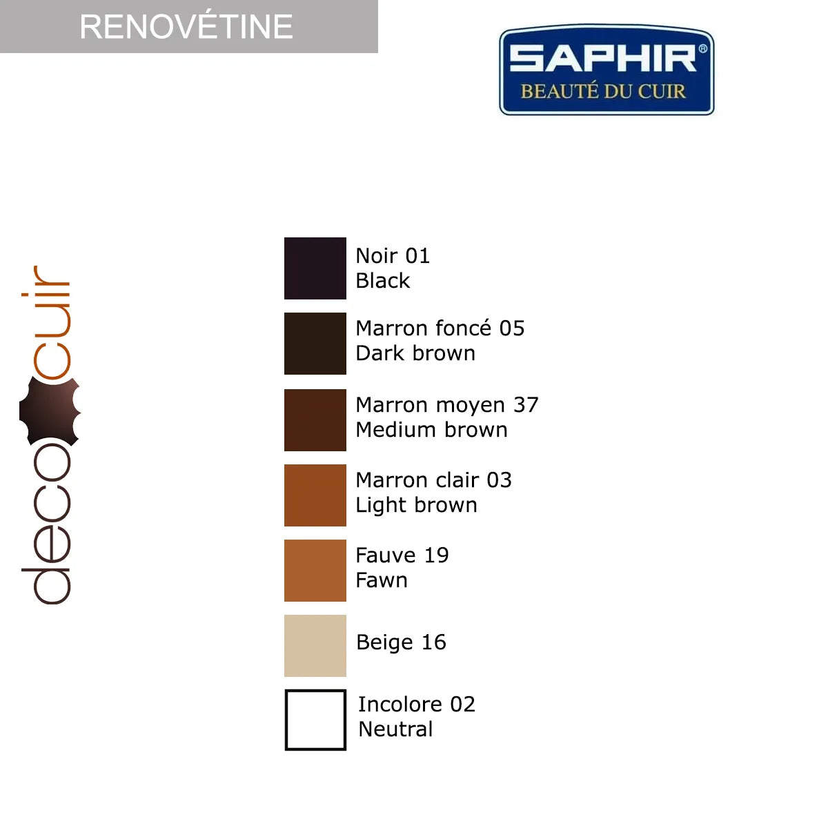 Nuancier de l'aérosol Renovétine Saphir pour cuir velours et nubuck, 200ml, soin total pour l'entretien du cuir.