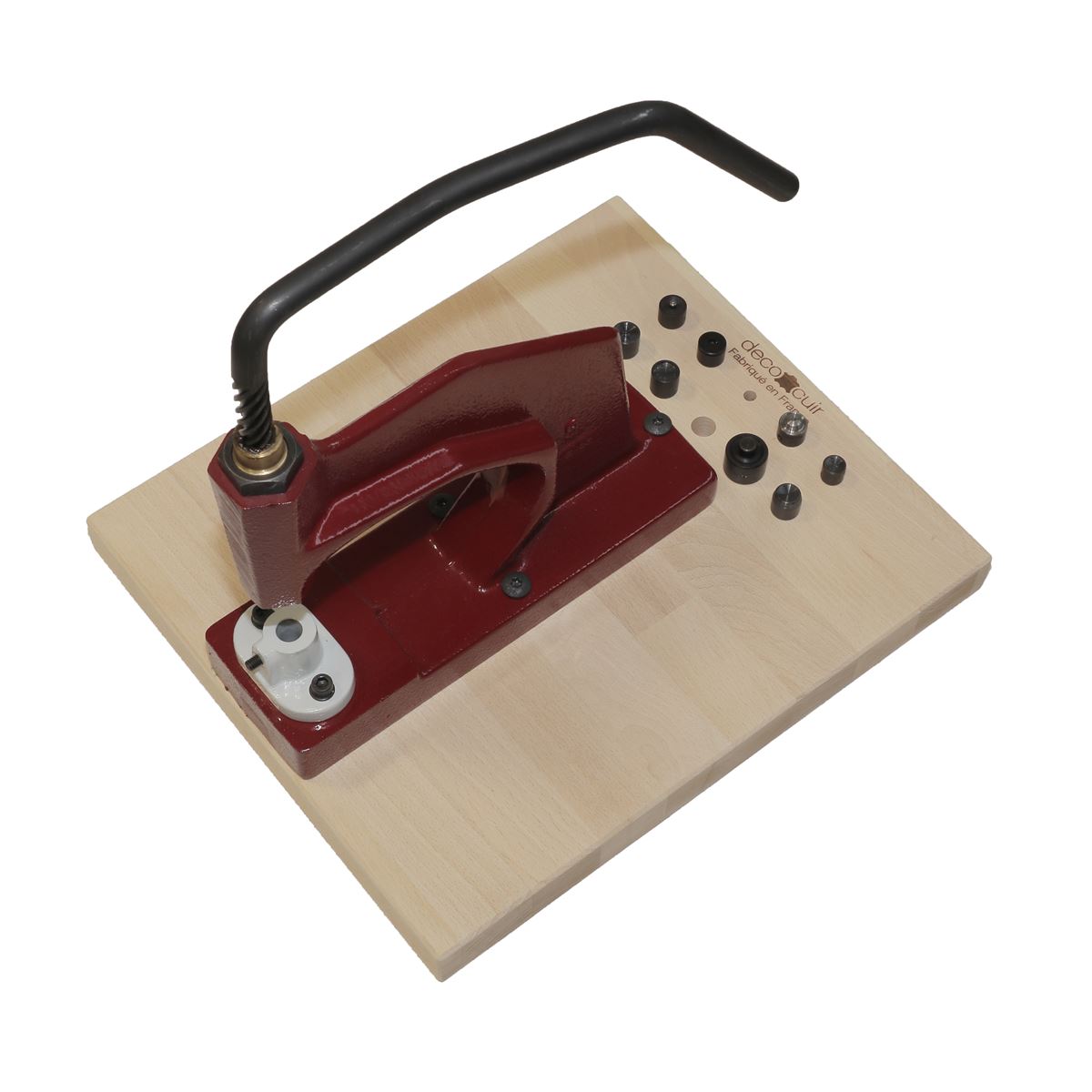 Presse d'établi N5 Deco Cuir avec socle en bois et 3 jeux de pose, outil robuste pour travaux de précision.