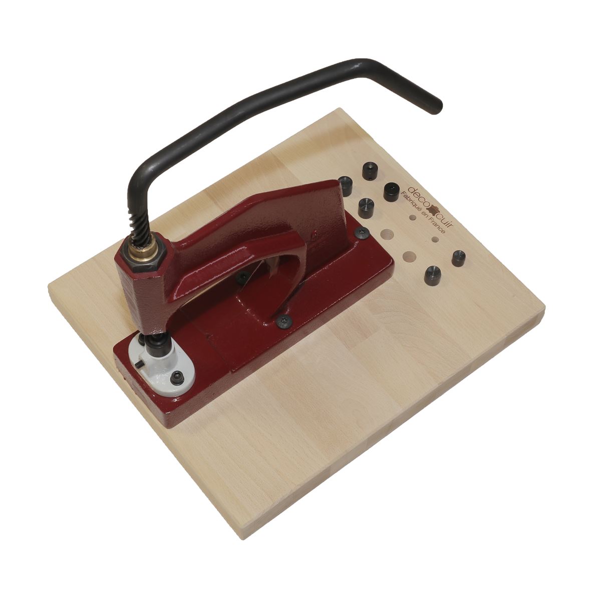 Presse d'établi N5 de Deco Cuir avec socle en bois et 3 jeux de pose pour outils de bricolage.