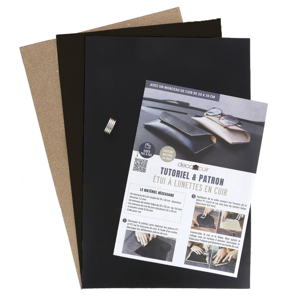 Kit DIY pour étui à lunettes en cuir noir Deco Cuir, création artisanale à faire soi-même.