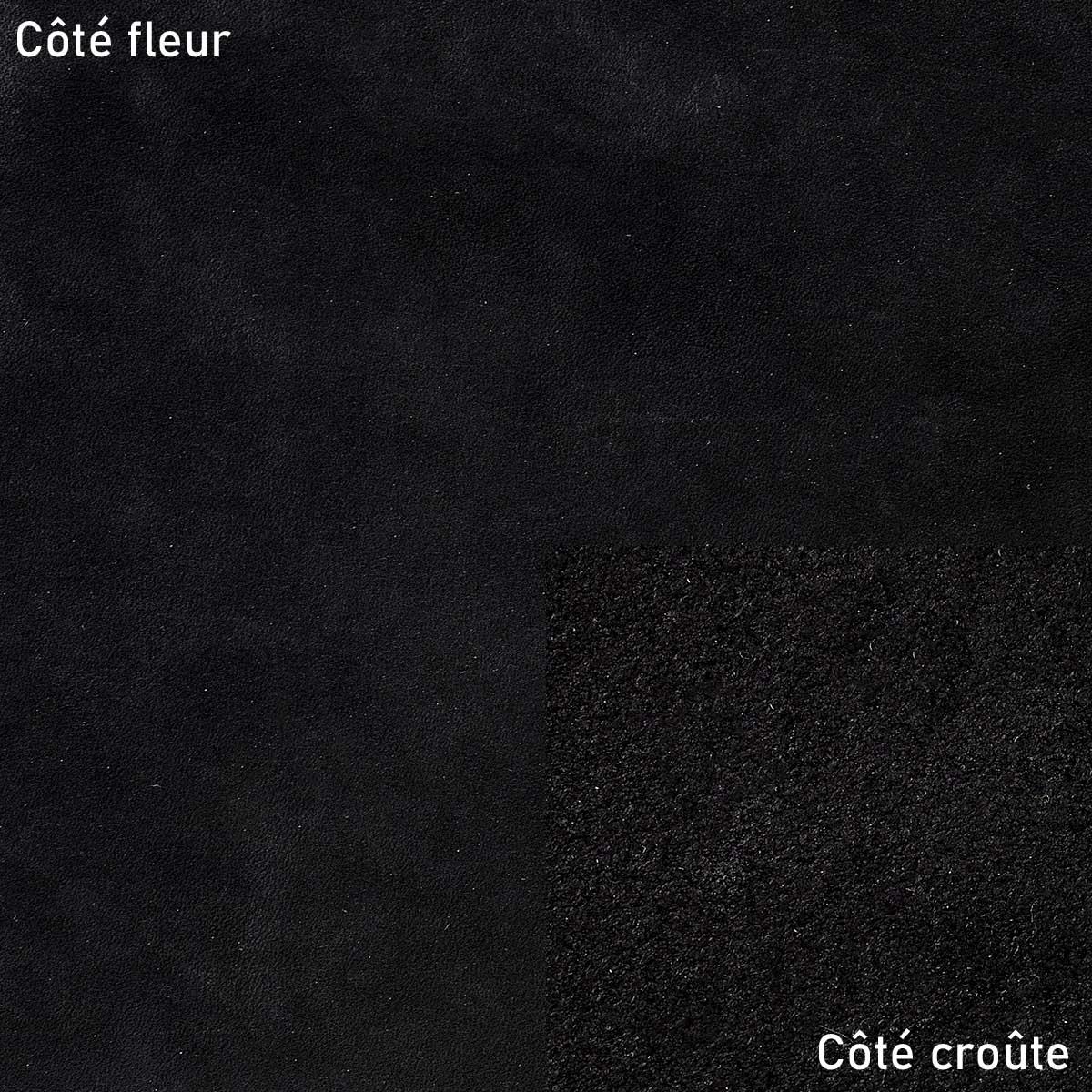 Échantillon de cuir pré-étiré Boyoma Radermecker, cuir de croupon noir, tannage végétal, texture lisse et durable.