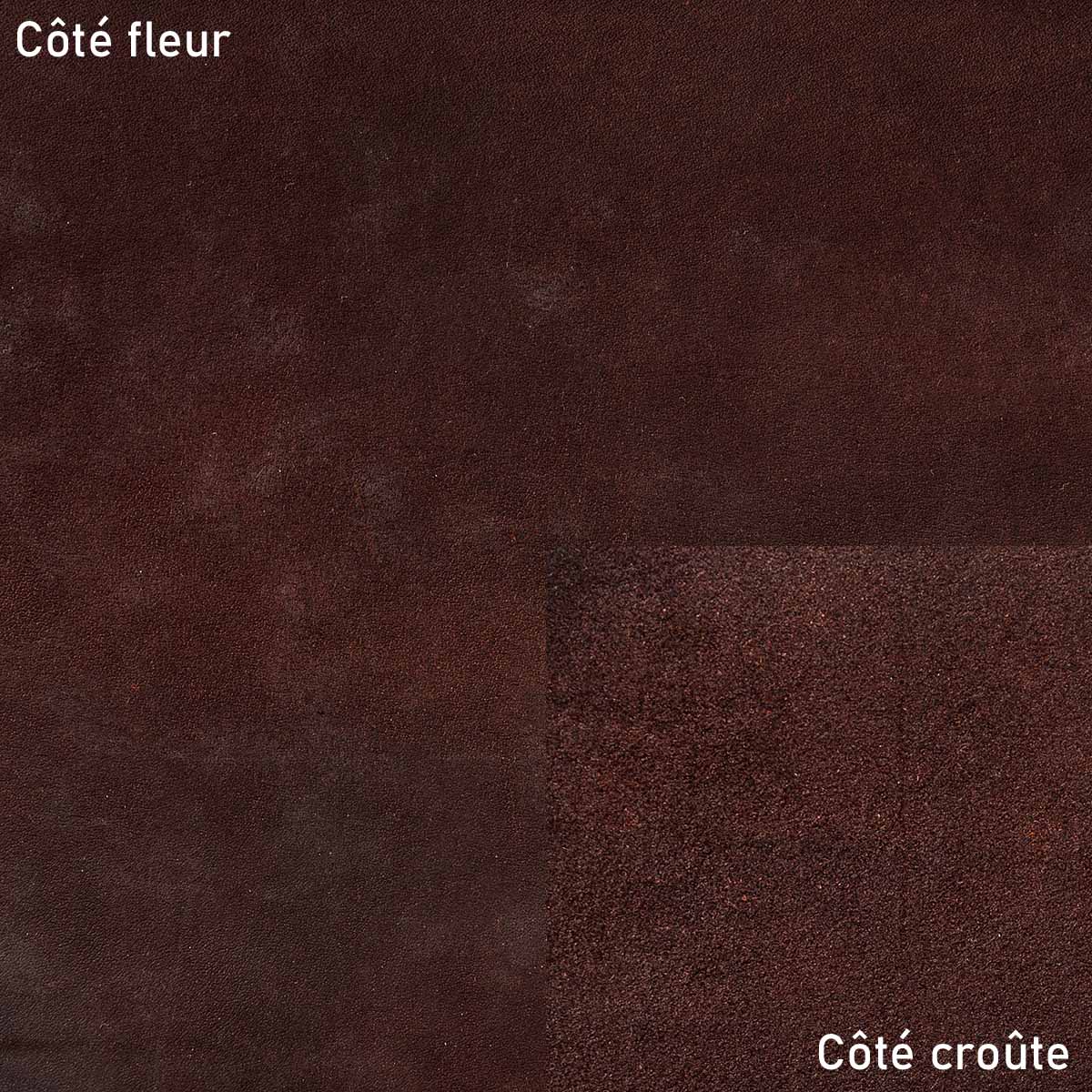 Échantillon de cuir pré-étiré Boyoma Radermecker, tannage végétal, couleur chocolat, texture croupon, pour projets de maroquinerie.