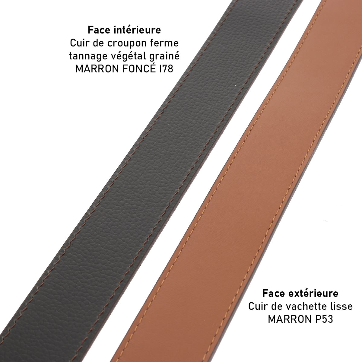 Lanières en cuir pleine fleur doublées cuir tannage végétal, ceinture marron Deco Cuir, largeur 35 mm, finition cousue.