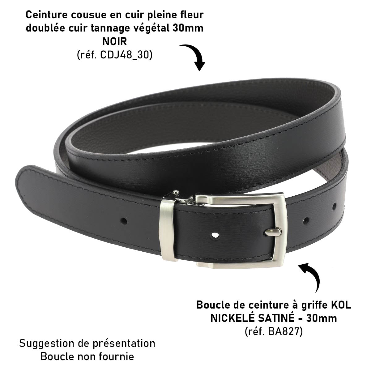 Lanières en cuir pleine fleur doublées en cuir tannage végétal, ceinture cousue noire de marque Deco Cuir.