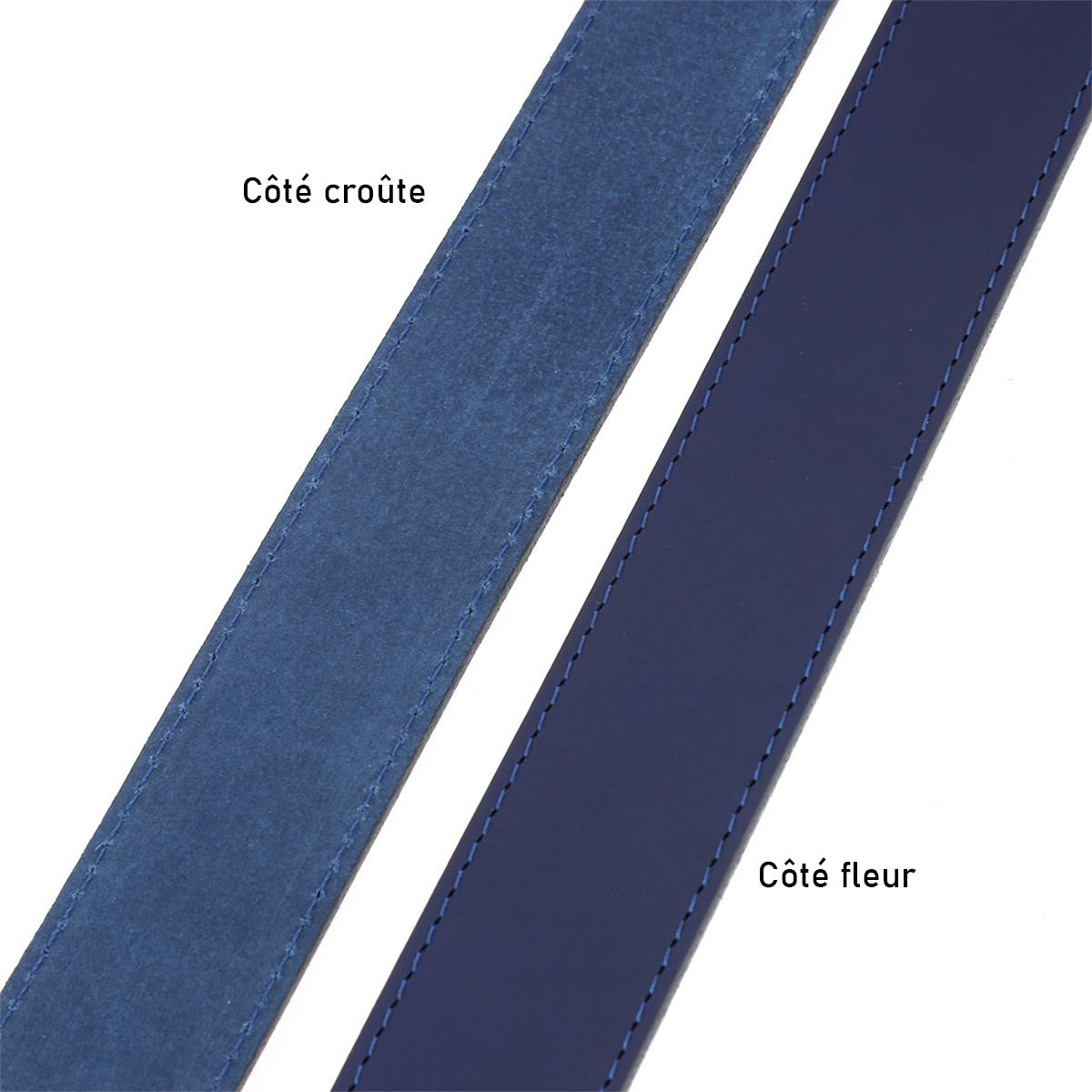 Lanières en cuir de croupon tannage végétal, ceinture cousue en cuir bleu de la marque Deco Cuir.