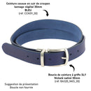 Lanières en cuir de croupon tanné végétal, ceinture cousue Deco Cuir, 30mm, bleu, finition artisanale.