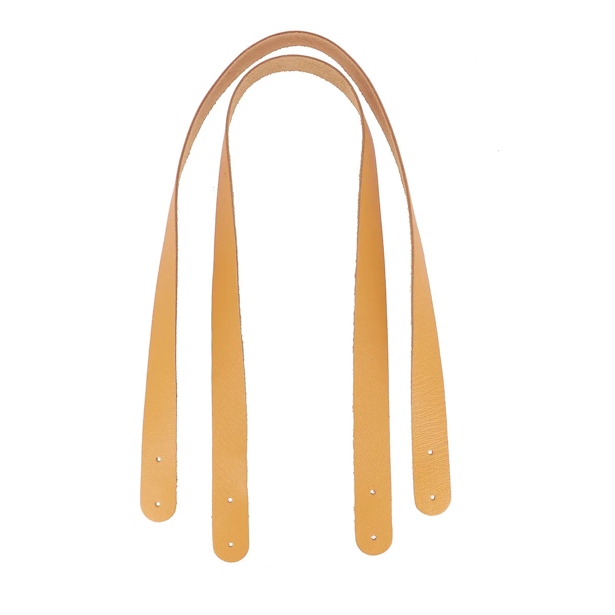 Paire de anses en cuir jaune grainé, de 24 mm de largeur et 70 cm de longueur. Anses en cuir prête à être fixer sur vos sacs