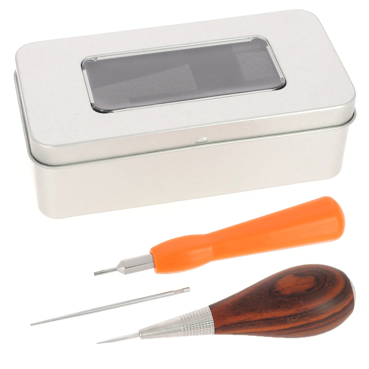 Kit alêne aux pinces en cocobolo Jérôme David avec lame microsphère, tournevis et boîte de rangement en métal.