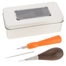 Kit alêne aux pinces en ébène de Jamaïque Jérôme David avec lame microsphère, tournevis et boîte de rangement en métal.