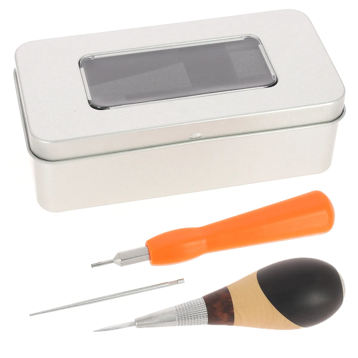 Kit alêne aux pinces en bois tricolore Jérôme David avec lame microsphère, tournevis et boîte de rangement en métal.