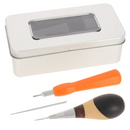Kit alêne aux pinces en bois tricolore Jérôme David avec lame microsphère, tournevis et boîte de rangement en métal.