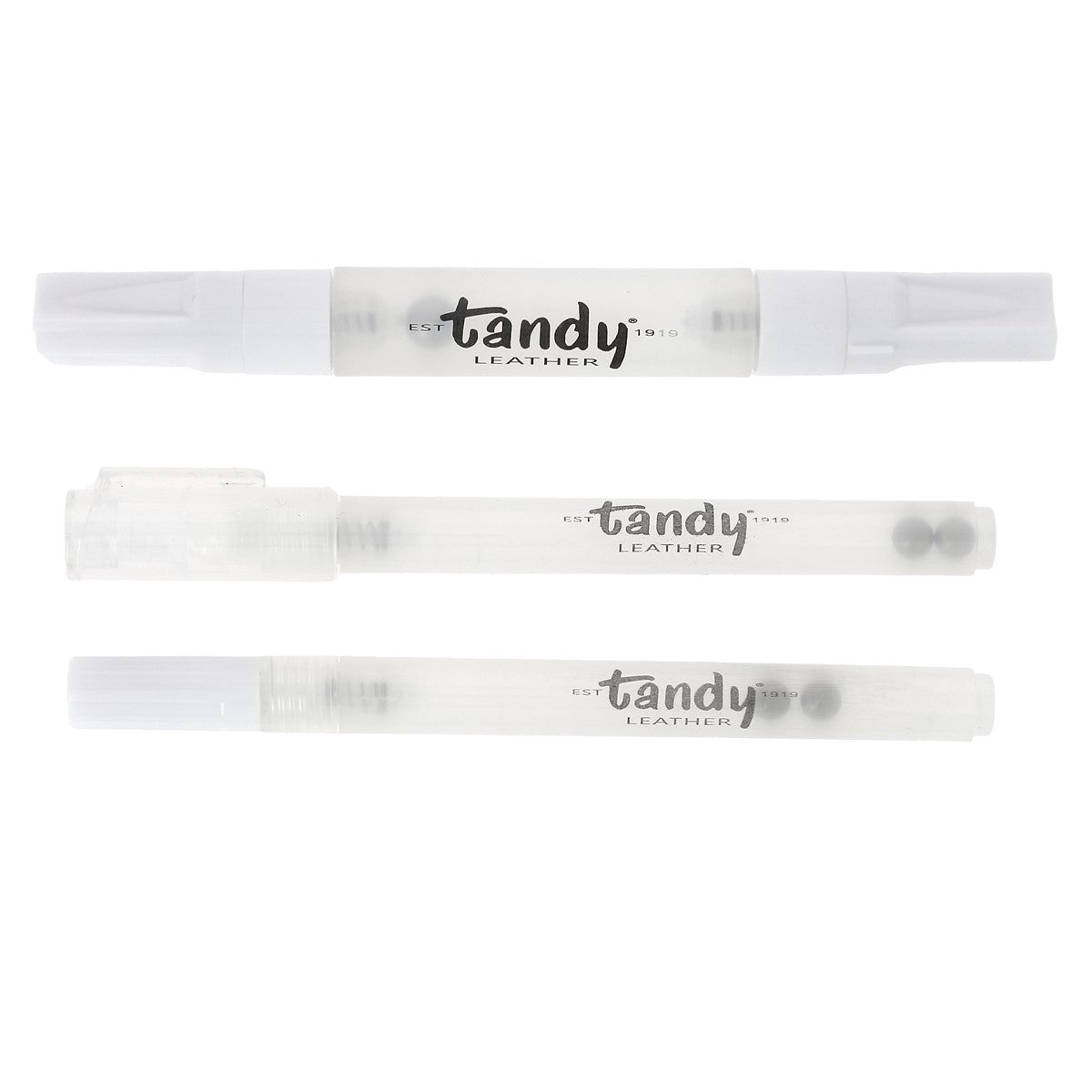 Trois stylos à teinture rechargeables Tandy Leather pour teintures et peintures, avec corps en plastique et pointe fine.