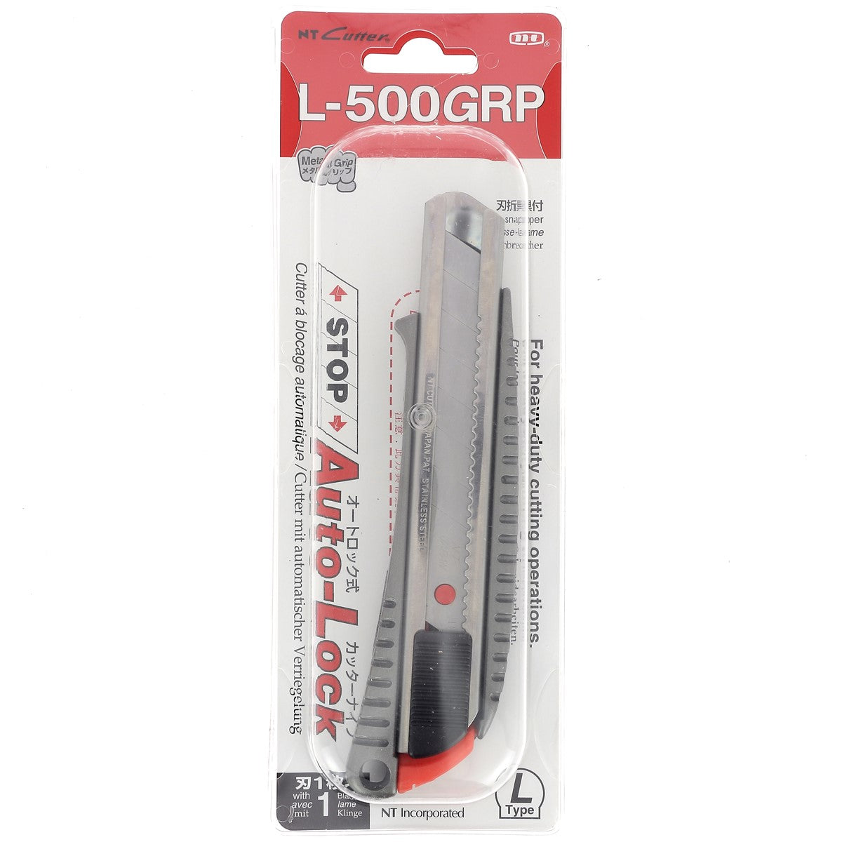 Lame de cutter en métal NT Cutter L-500GRP, 18 mm, fabriquée au Japon, avec manche ergonomique et précision de coupe.