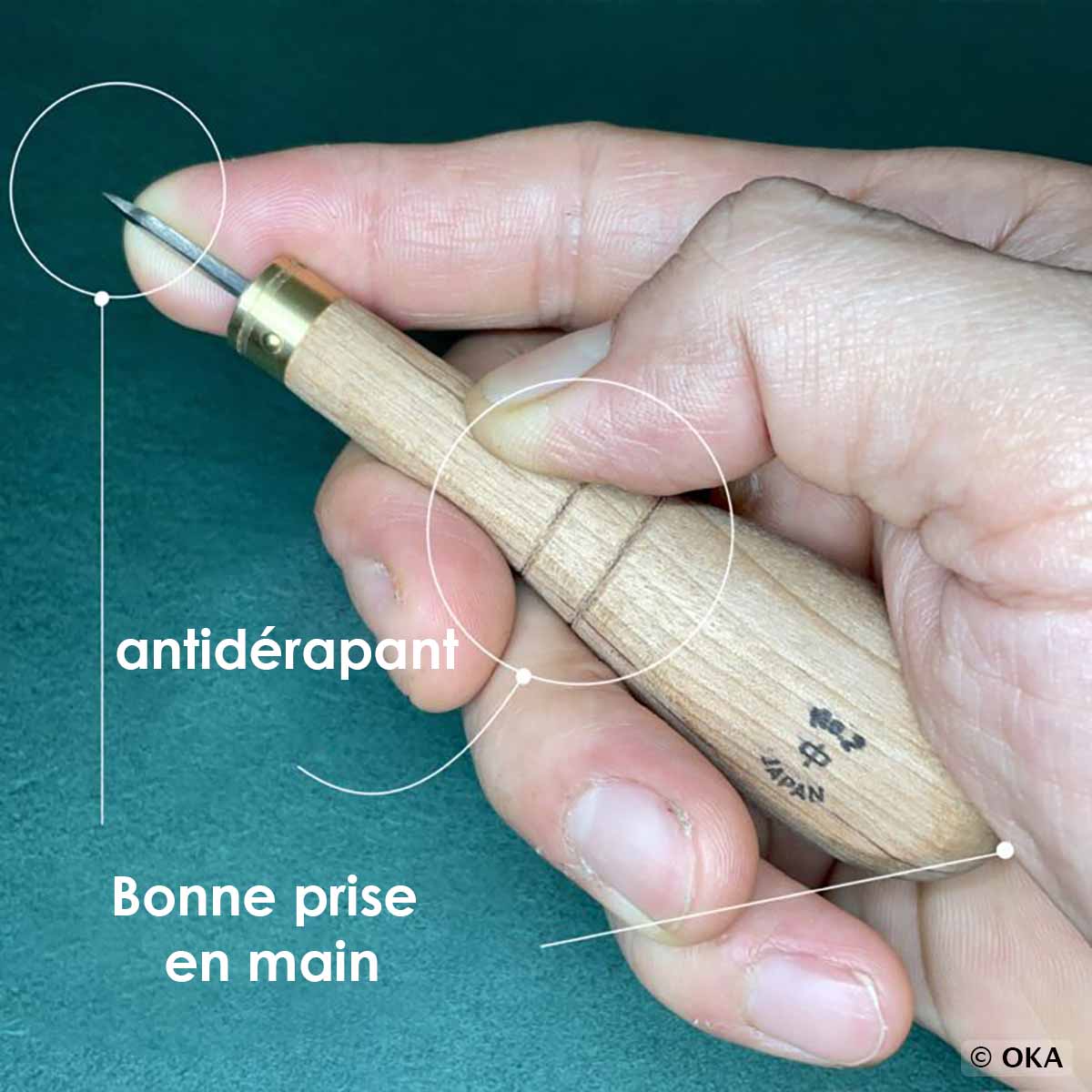 Alêne aux pinces pour cuir Oka Gamme PRO, outil de précision pour le travail du cuir, avec pinces robustes et ergonomiques.