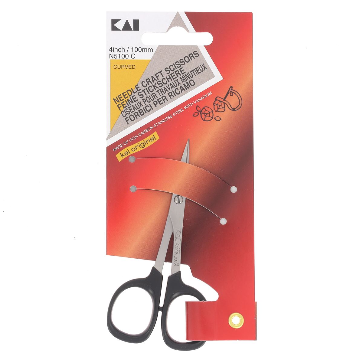 Ciseaux courbés de 10cm pour travaux minutieux en acier inoxydable, ambidextres, marque Kai, modèle N5100 C.
