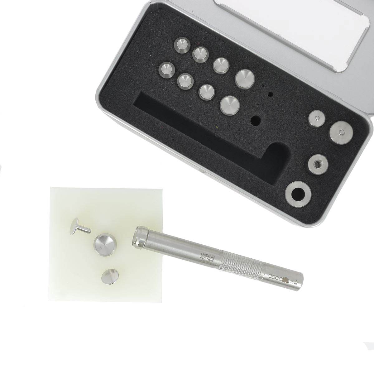 Kit d'outils Deco Cuir pour poser des rivets en inox, 16 pièces, outils robustes pour travaux de cuir et décoration.