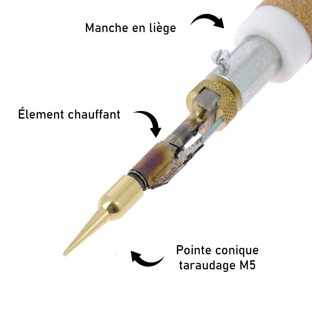 Pointe conique taraudage M5 en laiton pour fer à fileter, outil de marque Regad, dimensions 16x5mm, pour travaux de filetage.