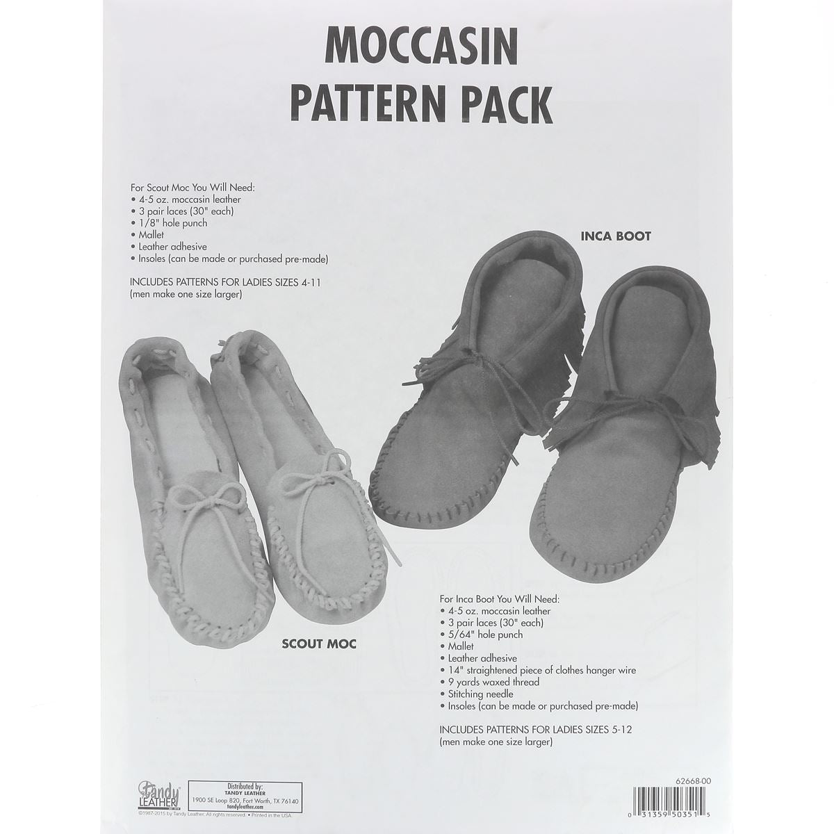 Patrons pour mocassins en cuir Tandy Leather, livre illustré pour fabriquer des mocassins en cuir, visible avec pages ouvertes.
