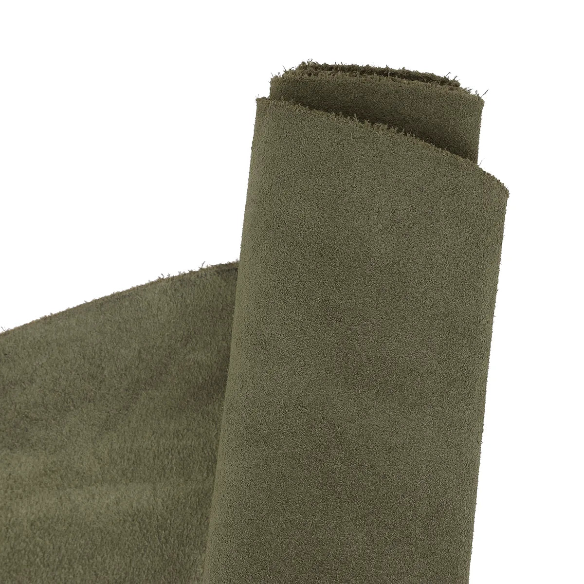 Peau de cuir de veau velours Dolce en vert kaki, texture douce et souple, idéale pour la confection de vêtements ou accessoires.