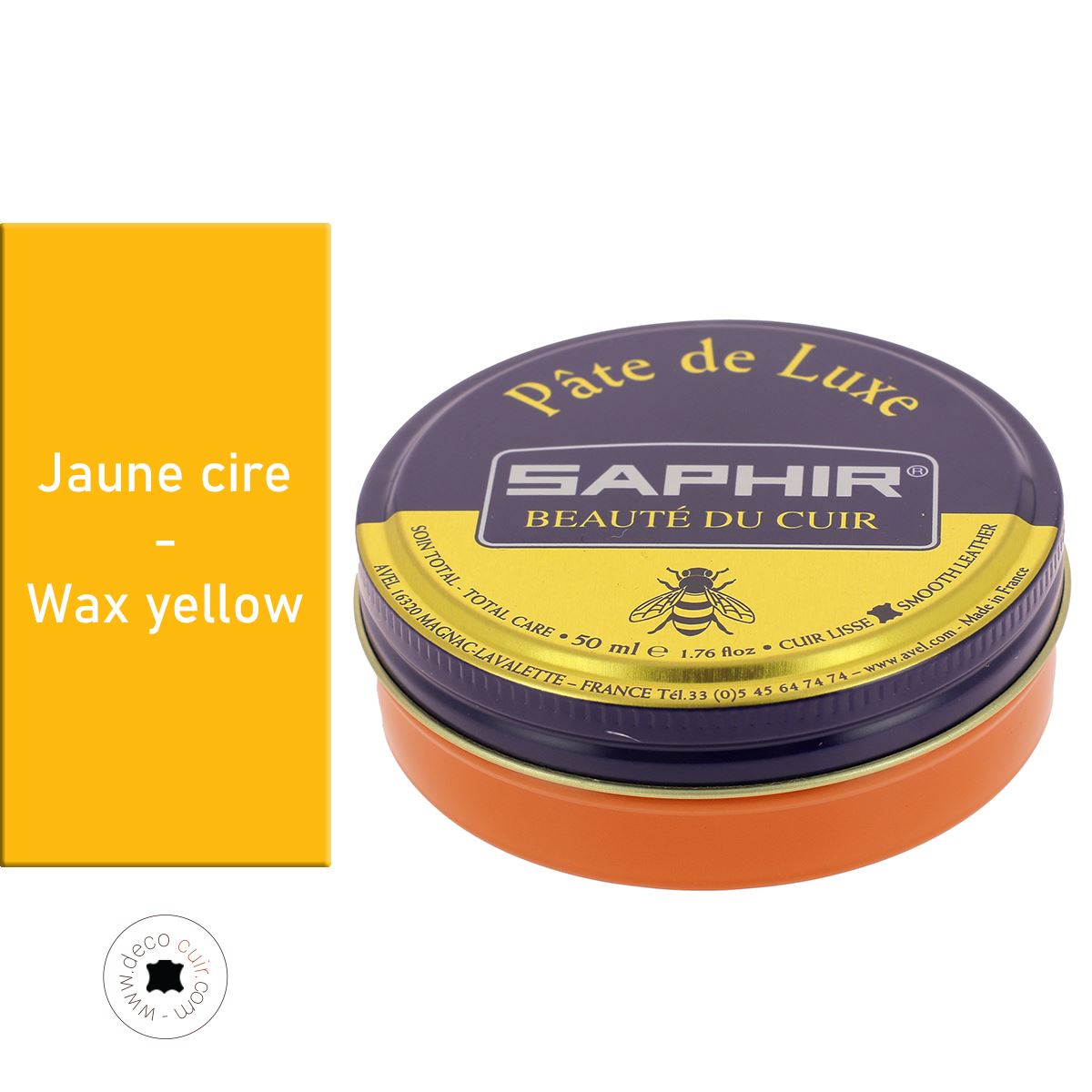 Cirage pâte de luxe Saphir 50 ml, cire jaune pour l'entretien du cuir, texture crémeuse, emballage élégant.